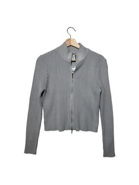 RSQ Double Zip Cardigan Crop Top Plated Rib Fitted Casual Gray Sz XL Long Sleeve